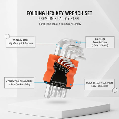 Compact Folding Hex Key Set With 9 Premium S2 Alloy Steel Allen Wrench Sizes For Bike Repair And Furniture Assembly shown folded