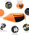 Ultra Lightweight Camping Hammock With Mosquito Net And Rainfly A Backpacker Ready Portable Sleeping Hammock Tent For Trail Trips And Outdoor Adventures Orange, featuring waterproof rainfly and aluminum carabiners.