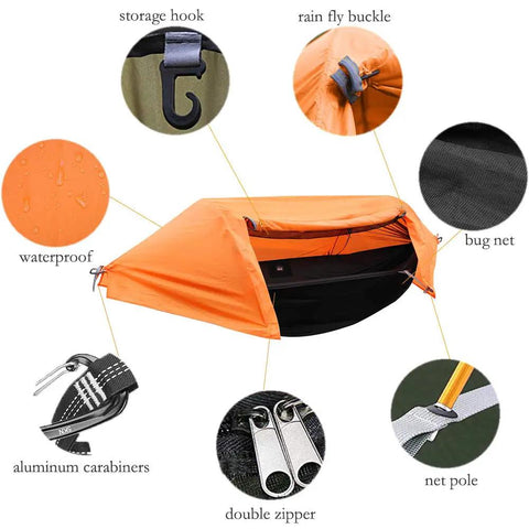 Ultra Lightweight Camping Hammock With Mosquito Net And Rainfly A Backpacker Ready Portable Sleeping Hammock Tent For Trail Trips And Outdoor Adventures Orange, featuring waterproof rainfly and aluminum carabiners.