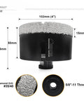 4 Inch Diamond Core Drill Bit For Porcelain Tile Marble Granite Stone Dry And Wet Drilling Vacuum Brazed With Dimensions