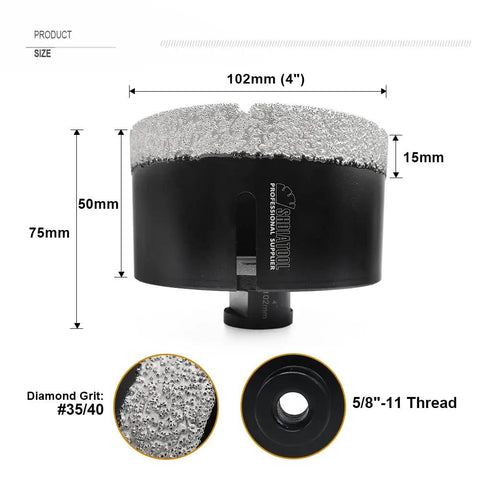 4 Inch Diamond Core Drill Bit For Porcelain Tile Marble Granite Stone Dry And Wet Drilling Vacuum Brazed With Dimensions