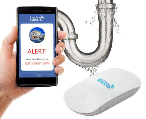 Smart WiFi Water And Freeze Detector With 80dB Audible Alarm Text And Email Alerts Continuous Home And Investment Property Monitoring Two Year Battery Life With Replaceable AAA Batteries showing alert on phone and water leak from pipe.