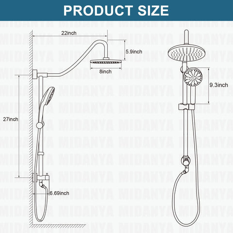 Dimensions of Polished Chrome Retrofit Rain Shower System With 8 Inch Rainfall Head, ABS Handheld Sprayer, Wall Mount.