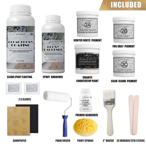 Granite Countertop Paint Kit Epoxy Refinishing For Kitchen And Bath 25X Thick Bright Gloss Coating In Pearl White DIY Countertop Makeover