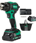Eighteen-Volt Cordless Brushless Driver Drill Kit With Two Lithium Batteries And Charger Carry Bag Half Inch Torque Up To 620 Inch Pounds 2000 RPM Compact Beast Power Drill Set DS18DEX with components