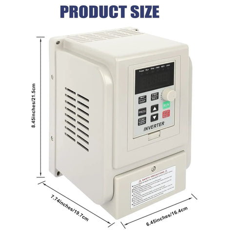 Single Phase 220V To Three Phase VFD Drive Inverter for Spindle Motors, size dimensions shown, front panel view.
