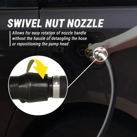 Swivel nut nozzle attachment for Slick Telescopic 12V Electric Drum Pump With Inline Flow Meter And Six Point Six Foot Hose, showing easy rotation.