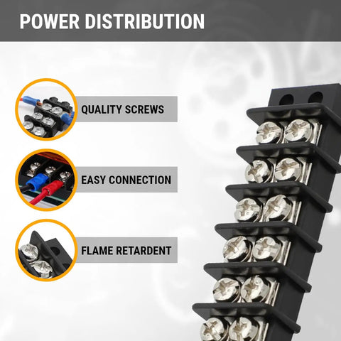 Double Row 12 Circuit Screw Terminal Block Junction Strip With Barrier 300V 20A showing nickel-plated screws and flame retardant features