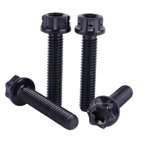 Four black Titanium Torx Head Flange Bolts M4 X 20mm for motorcycles and bikes, showing torx head and threading.