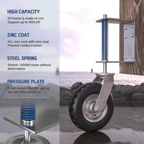 Heavy Duty 8 Inch Gate Wheel For Wooden Or Metal Gates With Pneumatic Tire Spring Loaded 360 Degree Rotation 400 Lb Capacity Includes Screws And Spanner For Smooth Sliding And Stable Gate Positioning showing side view with metal frame and blue spring on rocky surface.