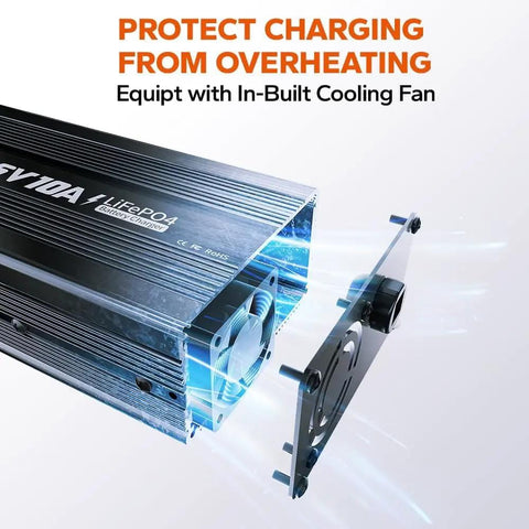 Beefy 14.6V 10A Lithium Battery Charger showing in-built cooling fan, LiFePO4 deep cycle batteries charging protection