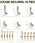 16 Piece Golf Tee Set With Rubber Stands And Bamboo Tees, showing six white rubber stands and ten bamboo tees with measurements.