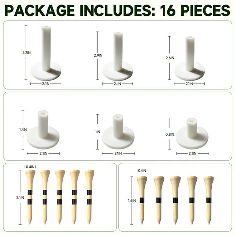 16 Piece Golf Tee Set With Rubber Stands And Bamboo Tees, showing six white rubber stands and ten bamboo tees with measurements.