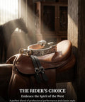 Cowboy Spurs Set With 6 Hole Belt Rotatable Gear Stainless Steel Spurs displayed on leather saddle