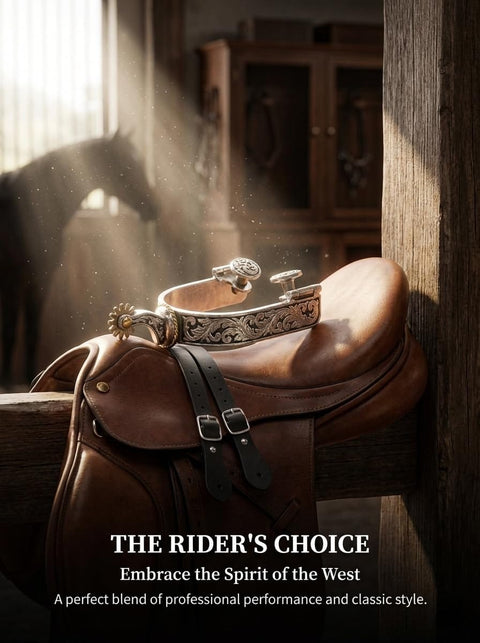 Cowboy Spurs Set With 6 Hole Belt Rotatable Gear Stainless Steel Spurs displayed on leather saddle