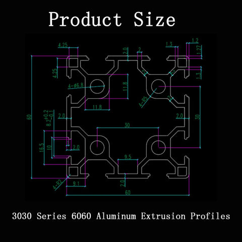 Technical diagram of 60x60mm T Slot Aluminum Extrusion Profile dimensions for 3D printer parts and CNC DIY projects.