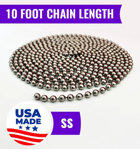 10 Foot Stainless Steel Ball Chain Bead Size 10 Made In USA Customizable Length For Pull Chains Ceiling Fans And Light Switches