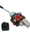 Front view of Amazon JAHEZYAN 2-spool hydraulic control valve with lever, red port plugs, and dual hydraulic fittings.