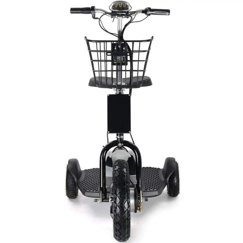 Electric Trike 48V 500W Personal Transporter Three Wheel Sit Or Stand Scooter For Events Security And Warehouse Use Built For Dope Fun With Easy Handling Smooth Acceleration And Stable Ride front view with basket and three wheels