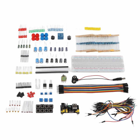 Starter Electronics Component Kit With Resistor Capacitor Diode Modules For Beginners spread out with R3 development board.