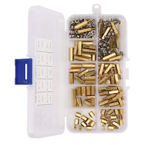 Brass Spacer Kit For Electronics And 3D Printer Mounts, 180-Piece M2.5 Hardware Set With 10 Female-Female Spacers, 10 Male-Female Pillars, 50 Screws, 50 Nuts, Oxidation-Deterrent Brass For Precise Component Spacing And Do It Yourself Builds. brass spacers kit in divided storage case