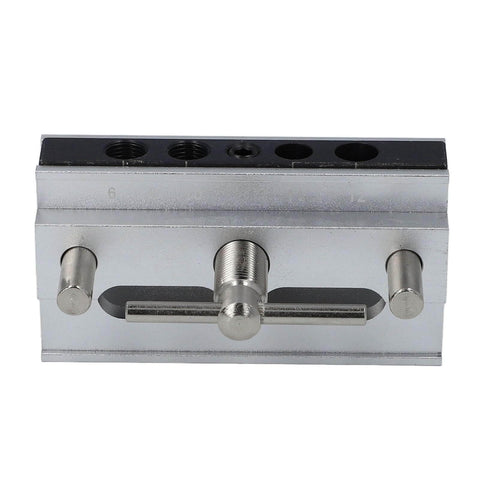 Front view of Self Centering Doweling Jig Kit with Adjustable Width Drilling Guide and Six Bushings, silver finish.