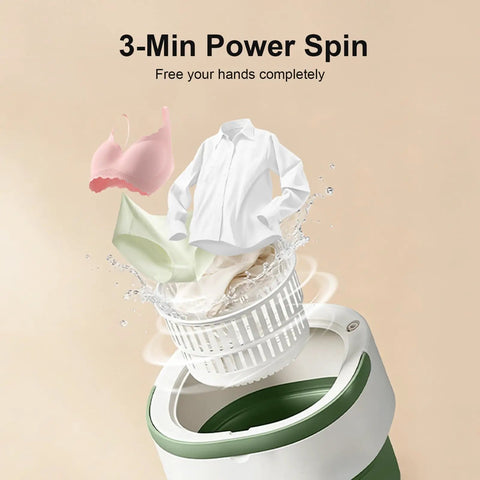 Upgrade Laundry Day To Total No Sweat With This Dope 22L Portable Foldable Washer packed with clothes in a rapid spin basket.