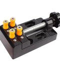 Top Shelf Mini Table Drill Knockout Tool For Diy Homes High Precision Dc Variable Speed Electric Drilling Rig Thumbscrew clamp with orange stops.