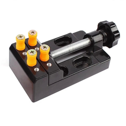 Top Shelf Mini Table Drill Knockout Tool For Diy Homes High Precision Dc Variable Speed Electric Drilling Rig Thumbscrew clamp with orange stops.