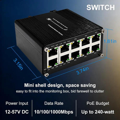 Rugged 10 Port PoE Plus Gigabit Switch With Eight PoE Ports And Two Uplink Ports, DIN Rail Mount, 240W PoE Budget, dimensions labeled