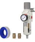 Three-Quarter Inch NPT Air Filter Regulator Combo with 5 Micron Brass Element and Semi Auto Drain shown with fittings and tape