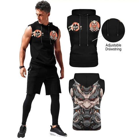 Samurai Mechanic Sleeveless Hooded Muscle Cut Off Hoodie For Men Premium Breathable Gym Top, black, adjustable drawstring, workout