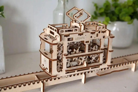 3D Mechanical Tram Kit Build Your Own Vintage Streetcar Model With Gears And Moving Parts Hands On STEM Puzzle For Adults And Teens Satisfying Build Realistic Motion And Fun To Play, wooden tram on track