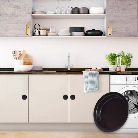 Kitchen with cabinets featuring black closet door finger pull one and three quarter inch hole opening 4 pack easy snap in circular sliding door pull no nails needed for pocket doors bi parting cabinets and sliding barn door systems.