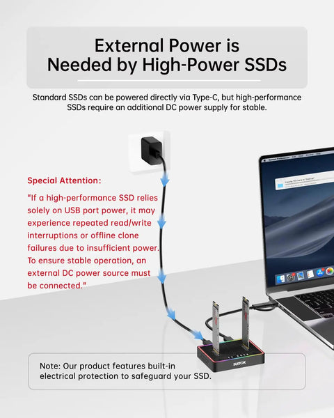 Dual Bay M.2 SSD Cloner Docking Station Offering 20Gbps Offline Duplication For Nvme To Nvme And Sata Drives With One Button Operation computer-free setup, showing external power connection.