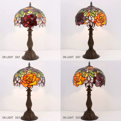 Tiffany Style Stained Glass Table Lamp With Red Rose Shade, antique green bronze finish, 18-inch tall, 12-inch shade light display
