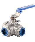 Rock Solid 304 Stainless Steel Three Way T Port Ball Valve 3/4 Inch DN20 with blue handle, ideal for water and steam applications.