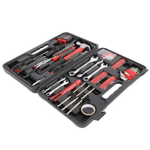 148 Piece Iron Household Tool Set In Red With Plastic Toolbox Storage Case The Go To Home Repair Kit With 12 Hex Keys 1/4 To 1/16 And 3M Tape Measure