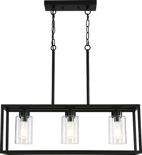 6 Light Dining Room Fixture In Black Modern Farmhouse Industrial Chandelier Rectangular Pendant Lighting For Dining Room Kitchen Island And Bar Height Adjustable Chains For Custom Fit And Chill Vibe, featuring black frame and clear glass shades.