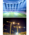 Heavy Duty Rechargeable LED Floodlight Featuring Tough As Nails IP65 Waterproof Housing And Dead Simple Mounting For Rooftop Security Projects illuminated stadium and construction site at night
