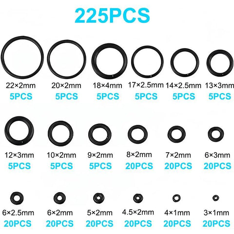 Front view of 225-piece black nitrile O-ring kit, sizes 3–22mm for automotive and plumbing use