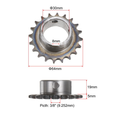 Roller Chain Sprocket B Type For Three Eighths Inch Pitch, 20 Teeth, 30mm Bore, A3 Steel With Hardened Teeth, Tough As Nails, ISO DIN 06B 1, 8mm Keyway, Single Strand, With Two Set Screws At Ninety Degrees