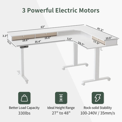 Premium FEZIBO Triple Motor L Shaped Electric Standing Desk 63 Inches Wide with detailed dimensions and storage features.