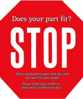 Red stop sign with text advising to check part compatibility before buying for Upgraded Lifetime Silverware Basket Replacement For Dishwashers.