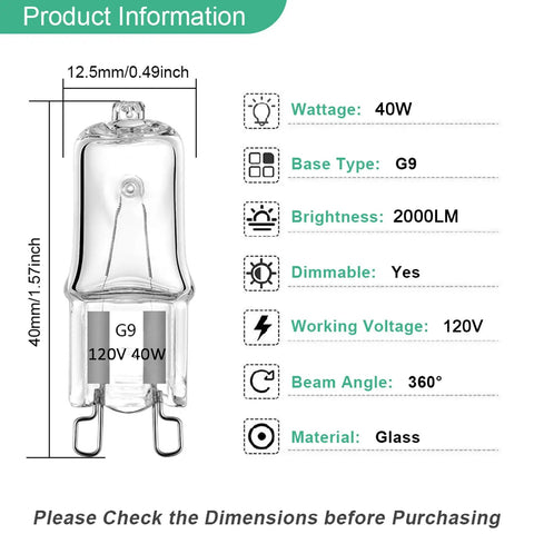 Diagram of G9 Bulb 12 Pack Bi Pin 120V 40W Halogen Light Bulbs JC Type features dimensions, wattage, brightness, base type.