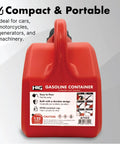 Back view of 1.32-gallon gasoline container showing label details and child-resistant cap.