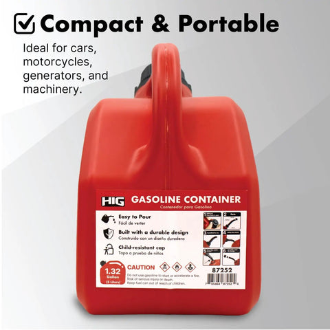 Back view of 1.32-gallon gasoline container showing label details and child-resistant cap.