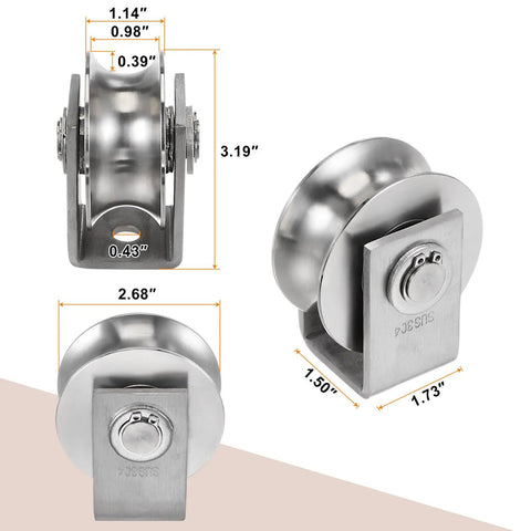 Two Pack 2.7 Inch U Groove Sliding Gate Casters With Bracket For Inverted 0.98 Inch U Track Beefy Heavy Duty 1102 Lbs Per Wheel For Garage Doors Lifting And Industrial Machinery, stainless steel