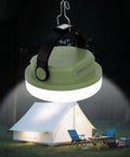 Rechargeable Camping Light Lantern With Six Modes And Three Color Temps, Army Green, illuminating a tent at night.