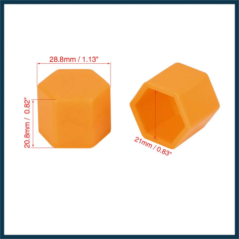 Hot Orange Silicone Wheel Nut Covers 21mm Universal Lug Bolt Caps Set Of 20 For Cars And Trucks Fits 21mm Nuts Rim Screws Tires Durable Wear Resistant Protective Automotive Accessories with dimensions 28.8x25.8x20.8mm shown.